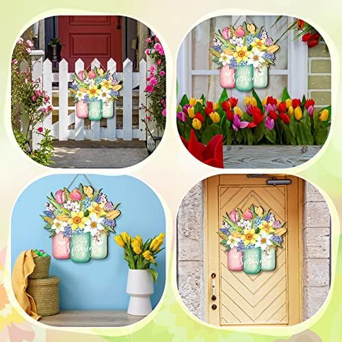 Ferraycle Spring Flower Door Sign Spring Decorations for Front Door Hello Welcome Sign with Jar Colorful Wooden Hanging Decorations for Home Indoor Outdoor Farmhouse Porch Decor - Image 6