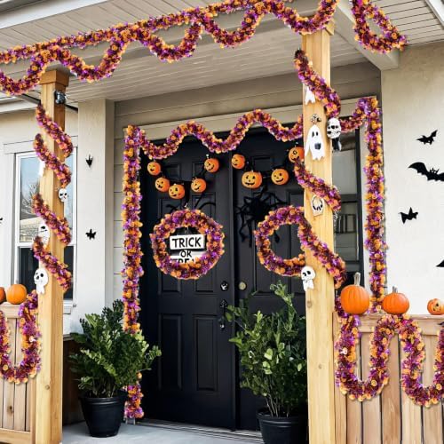 50FT Halloween Garland with Pumpkin Spider Bat - Shiny Tinsel Garland for Mantle, Tree, Doorway, Indoor & Outdoor Halloween Party Decorations - Image 5