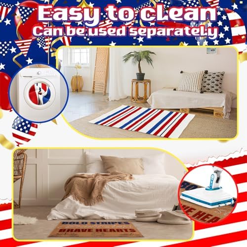Duraaamo 2 Pcs 4th of July Natural Coir Door Mat Outdoor Red Blue White Welcome Rug Patriotic Mat Non-Slip Independence Day 4th July Indoor Entrance Outside Porch Front Decor - Image 6