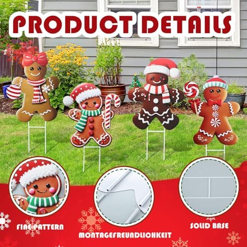 Weysat 4 Pack Christmas Metal Yard Stakes 15.75 Inch Gingerbread Man Yard Sign Stake Christmas Decorations Outdoor for Outside Xmas Gingerbread Decorations for Garden Lawn Pathway Party Decor - Image 6