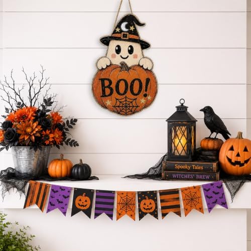 Halloween Decoration Door Sign Wooden Witch Hat Ghost Boo Pumpkin Hanging - Image 5