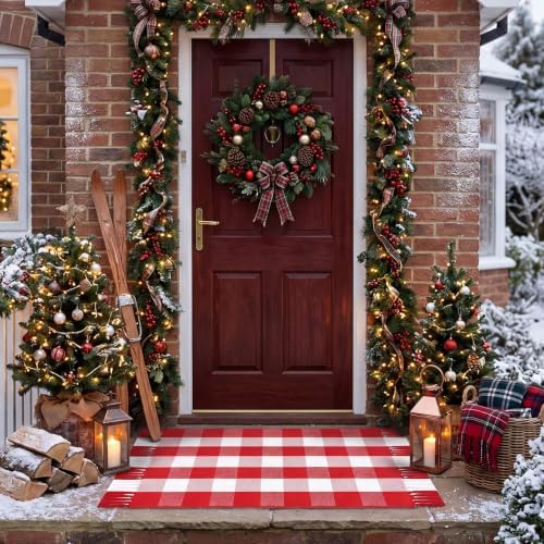Breling Christmas Outdoor Rug 28" x 43" Red and White Buffalo Plaid Door Mat with Tassels Christmas Home Decor Soft Hand Woven Cotton Bathroom Rug Washable Layered Doormats for Front Porch Entryway - Image 6