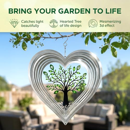 ISEO Silver Heart Wind Spinner with Glass Crystals Outdoor, 12 Inch Tree of Life Hanging Garden Decor, Gift for Women Mom Grandma - Image 4