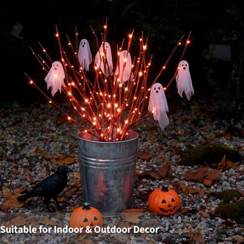 Outdoor Indoor Lighted Halloween Tree Branches Decoration, 3PCS Artificial Lit Twig Branch with Orange Fairy Lights, Battery Operated with Timer, Halloween Decor for Fireplace Pathway Lawn Front Porch - Image 7