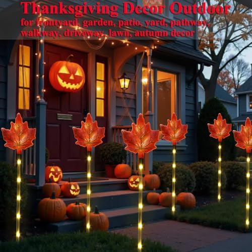 Fall Decor Solar Pathway Lights Outdoor Thanksgiving Decorations, 6 Pack Fall Leaves Solar Thanksgiving Maple Leaf Garden Stake Lights for Outside Patio Yard Wedding Party Autumn Decor - Image 6