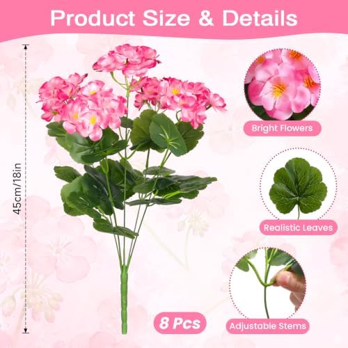Alupssuc 16Pcs Artificial Geranium Flowers for Outdoors Decoration Silk Floral, UV Resistant Fake Plants, Faux Flower for Porch Garden Table Centerpieces Home Indoor Outside Spring Decor(16, Pink) - Image 2
