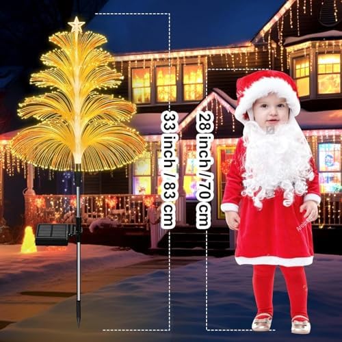 Solar Christmas Decorations Trees Lights Outdoor Waterproof Solar Christmas Tree Jellyfish Lights 5 Layer Optical Fiber 7 Color Changing for Pathway Lawn Patio Outside Decorative, 3PCS - Image 7