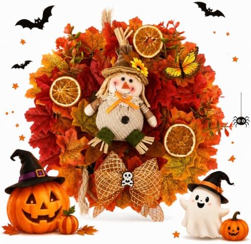 Lighted Scarecrow Fall Wreath for Front Door (L) by Vioshon