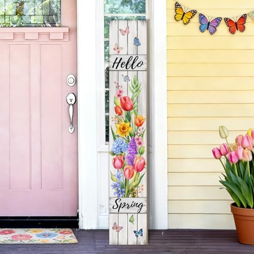 Hello Spring Porch Sign Tulip Butterflies Welcome Sign Rustic Vertical Standing Sign For Front Porch Decor Farmhouse Hanging Wall Sign for Patio Yard Party Indoor Outdoor Decoration 47.2"H by Unknown