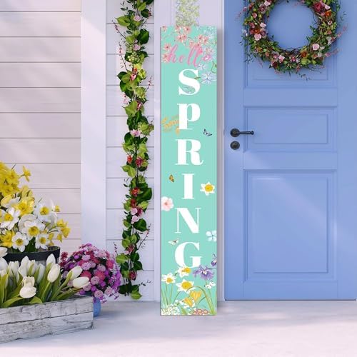 Spring Porch Sign Watercolor Flowers Hello Spring Front Door Hanging Decorations Indoor Outdoor Wooden Vertical Standing Welcome Sign For Home Yard Season Decor 47 x 7.8 inch by Xeubiou