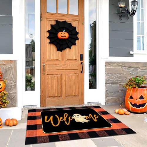 2 Pcs Halloween Door Mat Combo Set Ghost Welcome Doormat + 28" x 43" Orange and Black Buffalo Plaid Rug for Fall Thanksgiving Halloween Porch Entryway Indoor Outdoor Decor - Image 6