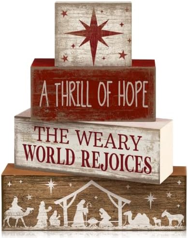 Lineshading 4 Pcs Christmas Table Decorations, Nativity Wooden Block Signs by Lineshading