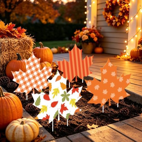 Whaline 12 Pcs Fall Maple Leaf Yard Signs with 24 Pcs Stakes Orange Plaid Striped Maple Leaves Yard Decorations for Autumn Harvest Thanksgiving Party Lawn Garden Pathway Outdoor Decor - Image 6