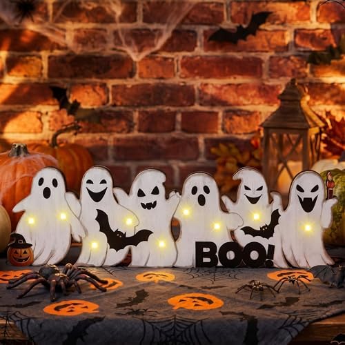 Geetery Halloween Ghost LED Wooden Sign Rustic Wooden Word Sign for Home - Image 3