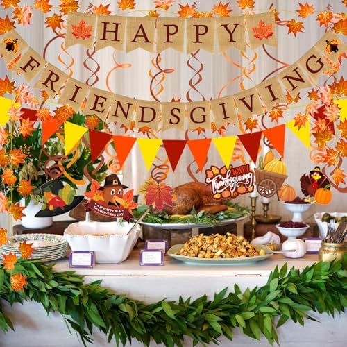 HAPPY FRIENDSGIVING Burlap Banner Paper Triangular Bunting Maple Leaf Pumpkin Turkey Garland for Thanksgiving Day Welcome Autumn harvest Party Decorations - Image 4
