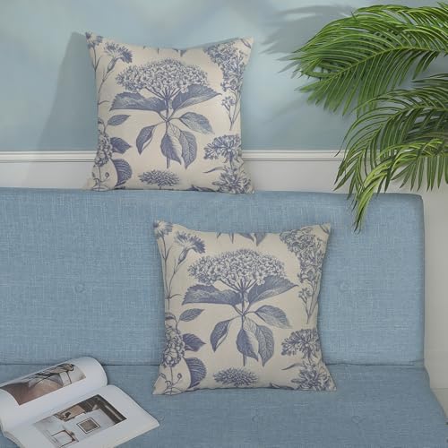 Vintage Blue Pillow Covers 20x20 Inch 2 Pcs Boho Floral Decor Throw Pillows Hydrangea Flower Seasonal Outdoor Farmhouse Neutral Accent Decoration Pillowcase Linen Cushion Cover for Couch - Image 3