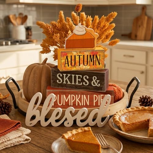 Lineshading 3 Pcs Fall Table Decor, Pumpkin Pie Wood Block Sign Home Tray - Image 5