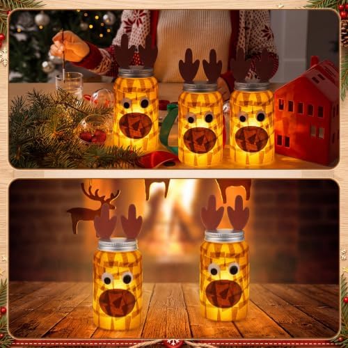 Qinyoung 12 Pcs Christmas Crafts Reindeer Mason Jars Crafts with LED Candle Light DIY Suncatchers Decoration Make Your Own Xmas Reindeer Mason Jars Tissue Paper Supply for Christmas Projects Activity - Image 4