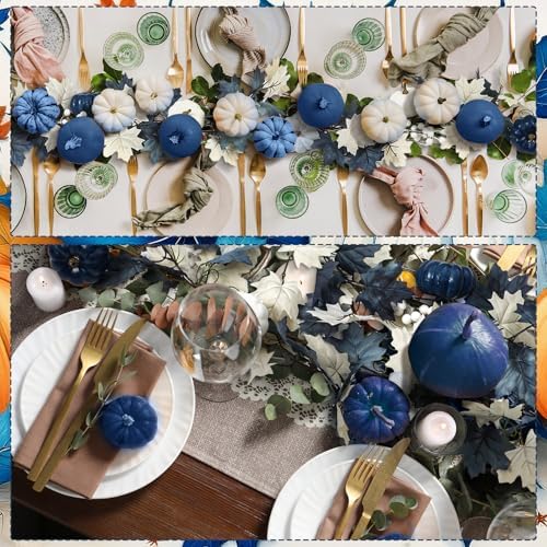 6ft Fall Decor Blue Pumpkin Garland Long Thanksgiving Garland Autumn Maple Leaves White and Blue Pumpkins Wreath Hanging Rustic Decor for Front Door Kitchen Fireplace Home Indoor Outdoor - Image 5