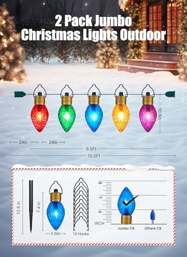 Minetom Strawberry C9 Christmas Jumbo Lights, 2 Pack 10.5 Feet 5 Multicolor Bulb Christmas Pathway Lights Outdoor C7 Light Covered Jumbo Multicolor Light Bulb Decorations for Lawn Outside - Image 3