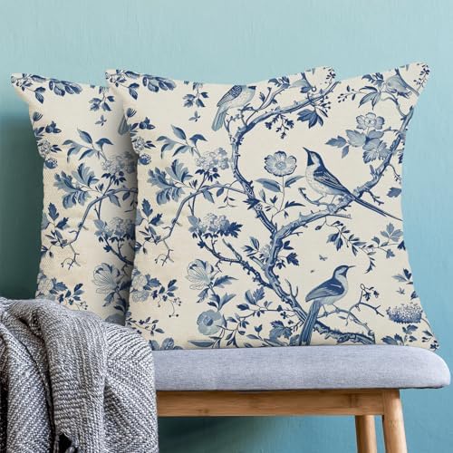 CXMEIFLY Spring Floral Pillow Covers 18 x 18 Inch Set of 2 for Navy Blue Chinoiserie Flowers Bird Decor Throw Pillows Vintage Plant Outdoor Decorative Cushion Cases for Couch Bed Decorations - Image 2