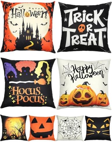 Halloween Decorations Set Of 4 Double-Sided Print Pillow Covers 18" x 18", with 8 Cute Halloween Decor Patterns, Elegant Invisible Zipper, Soft Linen Throw Pillow Covers for Outdoor & Indoor Use by multiwins