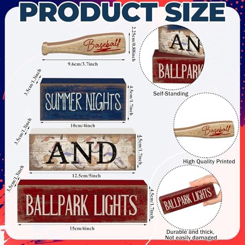 Lineshading 4 Pcs Baseball Wooden Blocks Sign with Bat, Blue White Red - Image 4