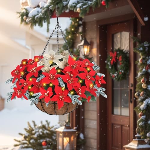 Artificial Fake Christmas Hanging Flowers Plants Basket with LED Lights, Faux Poinsettia, Pine Branches, for Outdoor New Year Xmas Decoration, Porch Home Holiday Decor (Frosted pine branches) - Image 4