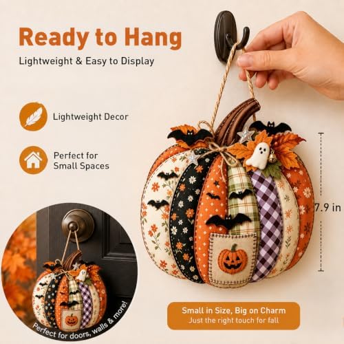 Autumn Retro Patchwork Pumpkin Door Hanging with Lights，B - Image 4