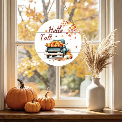 Hello Fall Wreath for Front Door Fall Truck Welcome Door Sign 12x12 Inch Autumn Maple Leaf Pumpkin Wood Door Hanger Farmhouse Thanksgiving Hanging Plaque for Home Porch Wall Indoor Outdoor Decorations - Image 5