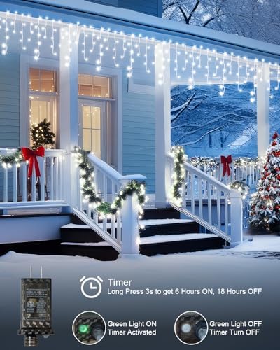 Christmas Lights Outdoor, 53 FT 486 LED Christmas Light for Outside, Timer & Memory, Plug in 8 Modes Hanging Fairy Light with 108 Drops for House Eaves Yard Patio Holidays Decorations, Cool White - Image 3