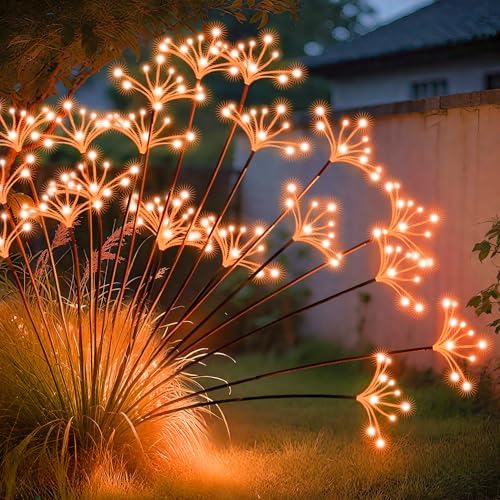 JJGoo Solar Garden Lights, New Upgraded 2 Pack Solar Swaying Starburst Light, Waterproof Fireworks Outdoor Lights, Yard Patio Pathway Decoration, Orange by JJGoo