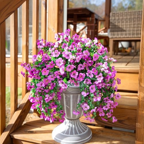 Artificial Faux Hanging Flowers Plants for Outdoor Decor, 2 PCS Outside Fake Silk Violets with Eucalyptus UV Resistant Realistic Daisy Trailing Vines for Planter Front Door Balcony Patio Yard, Purple - Image 2