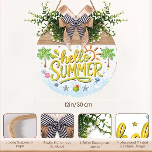 Hello Summer Door Sign Hanger Beach Theme Front Door Wreaths for Office Coastal Summer Wooden Hanging Signs Porch Wall Decorations for Outdoor Garden - Image 7