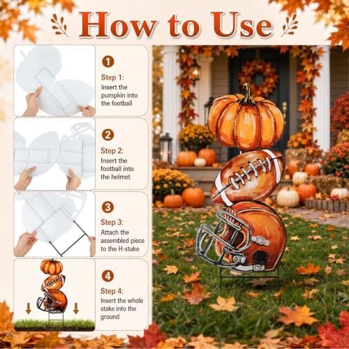 Weysat Fall Football Outdoor Decor Metal Pumpkin Football Yard Sign Porch - Image 5