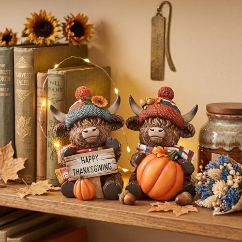 Valery Madelyn Fall Decorations for Home, 2 Pcs Thanksgiving Highland Cow Pumpkin Decor for Table Indoor Outdoor, Resin Fall Decor Sunflower Garden Figurines for Autumn Harvest Porch Tiered Tray, 5" - Image 5