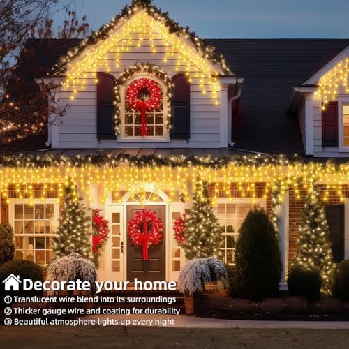 Christmas Outdoor Icicle Lights - 200 LED 21+16 FT 8 Modes Curtain Fairy String Light Plug in, Waterproof for Eaves Yard Holiday Xmas Holiday Indoor Outdoor Decoration - Warm White - Image 7