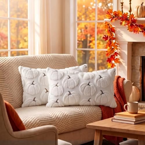 Fall Pillow Covers Pumpkin Fall Decor 12x20 Set of 2 White - Image 4