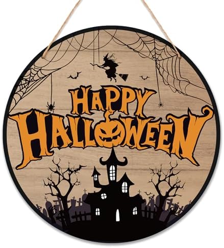 Halloween Door Decorations - 12" Pumpkin Welcome Sign for Front Door Porch, Witch Castle Wooden Hanger for Home Indoor Outdoor​Decor -B08 by Cazhes