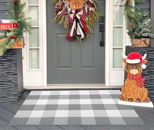Front Door Mat Outdoor 24"x35"Grey and White Buffalo Plaid Outdoor Rug - Image 6