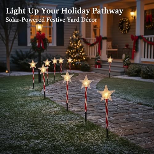 Solar Christmas Pathway Lights - 5 Designs (Star, Snowflake, Santa, Bell), Auto On/Off, Waterproof Warm White LED Color Stake Lights for Garden Yard Holiday Party Décor (Star) - Image 3