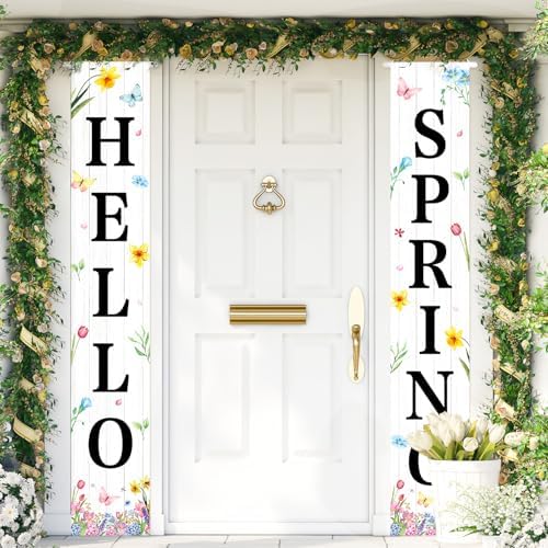 71 x 12 Inches Hello Spring Porch Banner Set – Rustic White Wood Door Hanging Signs with Flowers, Butterflies, and Floral Accents for Farmhouse, Garden, and Spring Porch Decorations Indoor Outdoor - Image 4