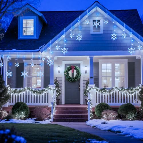 13 Ft 192 LED Snowflake Christmas Icicle Lights with 16 Drops, 8 Modes and Timer, IP65 Waterproof Connectable for Indoor Outdoor House Window, Blue and White - Image 6