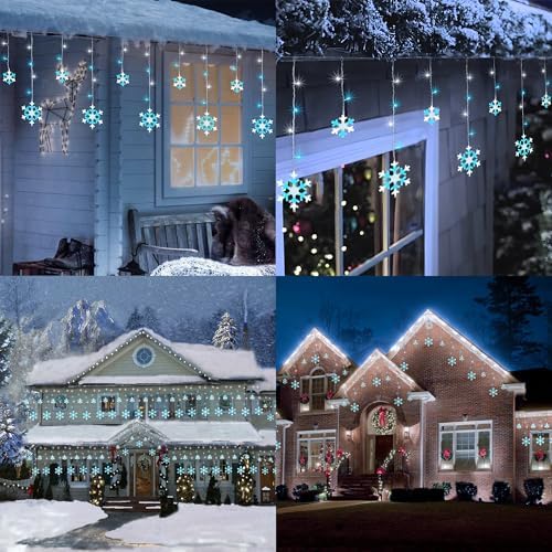 Toodour Christmas Snowflake Lights Outdoor, 17.22ft 264 LED Snowflake Icicle Lights with 22 Drops, Connectable, 8 Modes Waterproof Christmas Light for Eaves, Window, Xmas Decor - White & Ice Blue - Image 6