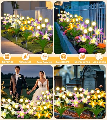 EDOF Solar Lights 4 Packs Solar Lily Flowers Firefly Lights Outdoor Decor - Image 5