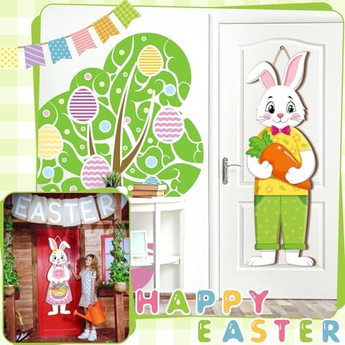 Shellwei 2 Pcs Easter Bunny Door Decor, Wood Rabbit Welcome Sign Home - Image 5