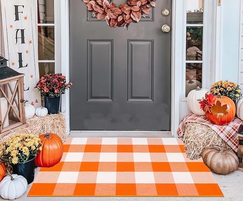 Buffalo Plaid Layered Doormat 24"x35"Orange and White Fall Front Door Mat - Image 7