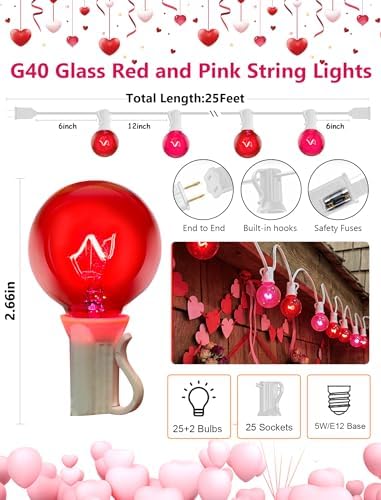G40 Red and Pink Valentine’s Day String Lights, 25Ft Outdoor Valentines Day Decorations Lights with 27 Red & Pink Globe Bulbs,Hanging Patio Lights Waterproof for Christmas Wedding Party Garden Holiday - Image 2