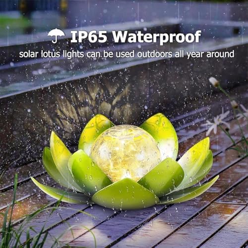 Huaxu Solar Lights Outdoor Garden Decoration Crackle Globe Glass Waterproof LED Metal Green Lotus Flowers Gift for Mom,Women,Patio,Lawn,Walkway,Tabletop,Ground - Image 2