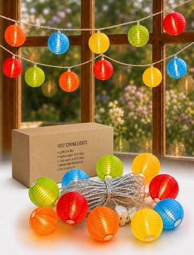 8.5Ft Multicolor Lantern String Lights, Summer Hanging String Lights with 10 Colorful Lanterns, Nylon Lights for Indoor Outdoor Party Decor, White Wire by Konictom
